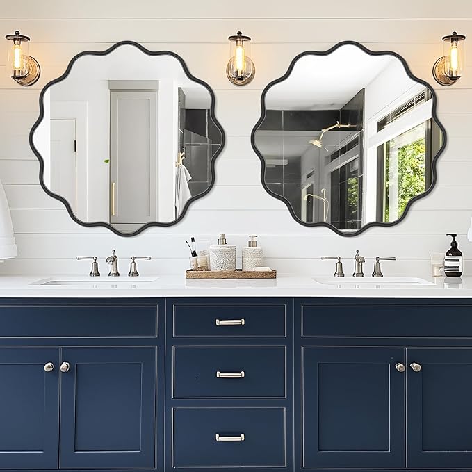 PROHOMEWARE Black Round Mirror 32 Inch Wavy Bathroom Vanity Mirror Black Frame Modern Wall Mirror Decorative Wall-Mounte Anti-Rust, Tempered Glass