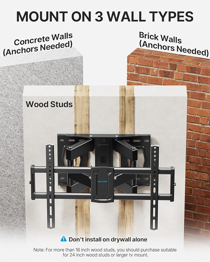 Full Motion TV Wall Mount for 37-85 Inch TVs Mounts Up to 132lbs, Fit 16" Wood Stud, Max VESA 600x400mm, Swivel and Tilt Articulating Wall Mount TV Bracket,Fit Most 55+ 65 70 75 inch TVs