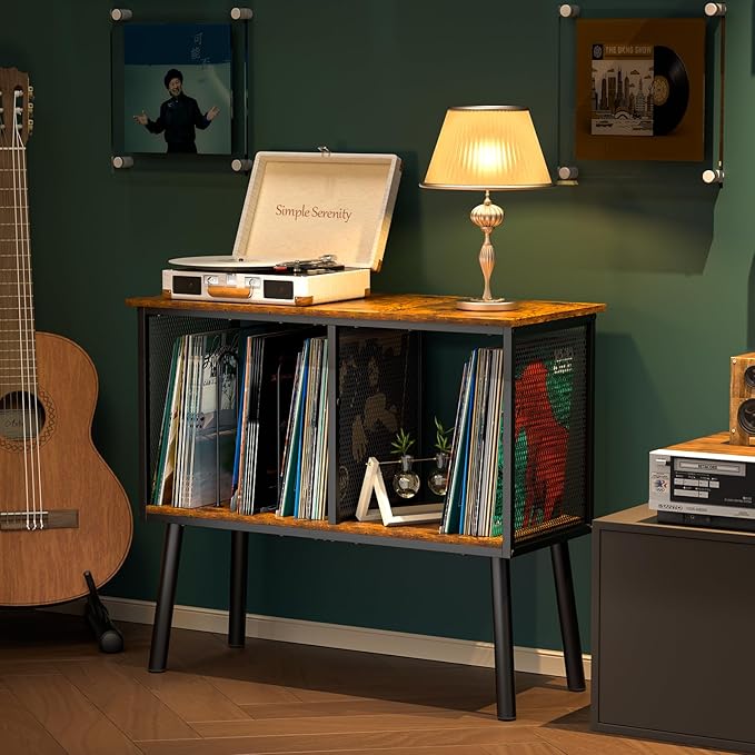 Record Player Stand with Adjustable Divider, Vinyl Storage Holder Up to 200 Albums, Mid-Century Large Record Player Table, Vinyl Holder Turntable Stand End Table Storage Rack for Bedroom & Living Room