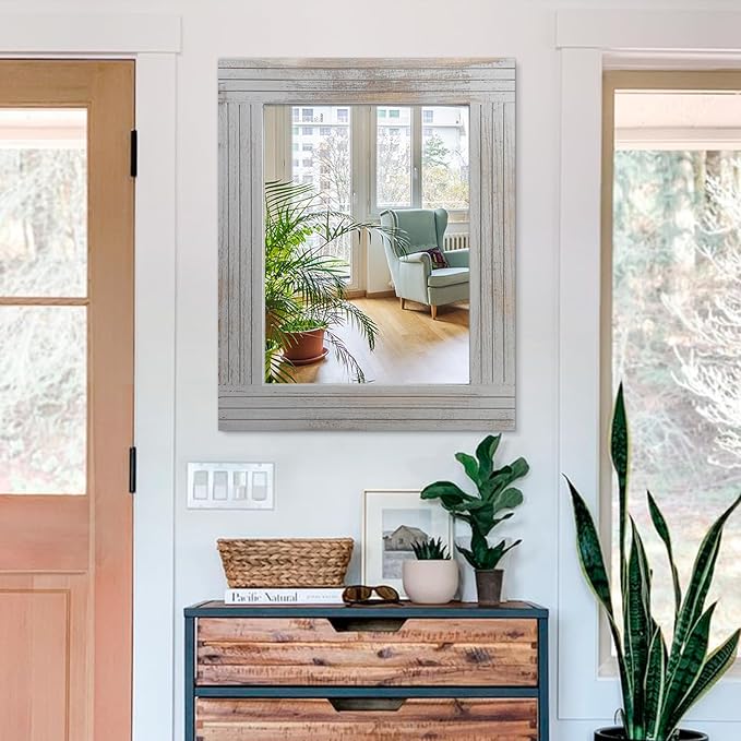Large Rustic Wall Mirror, Rectangular Vintage Wood Framed Large Mirror Deco Farmhouse Living Room Bathroom Bedroom Entrance Mirror Light Gray 26" x 18"