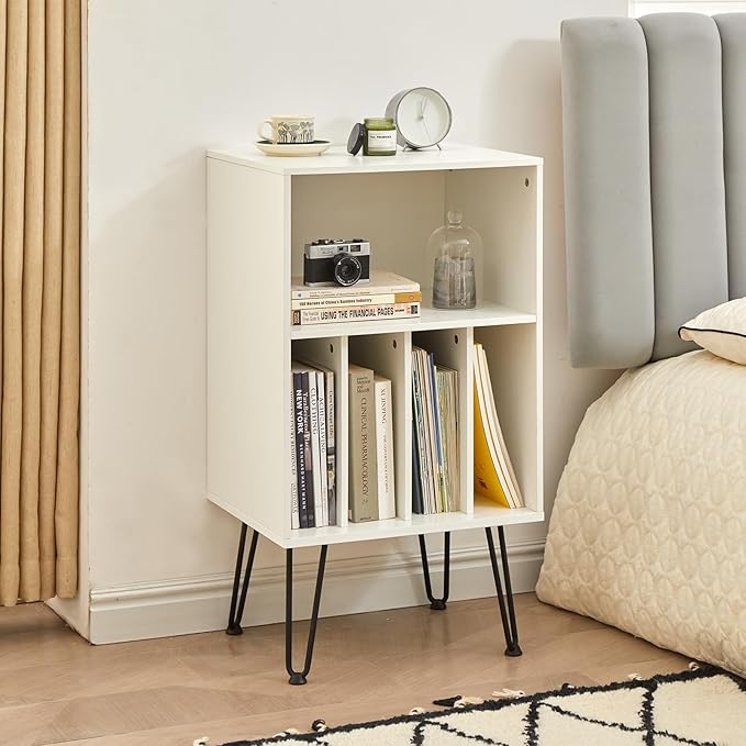 Record Player Stand with Vinyl Storage, Cabinet Holds Up to 150 Albums, End Table for Turntable, Living Room, White