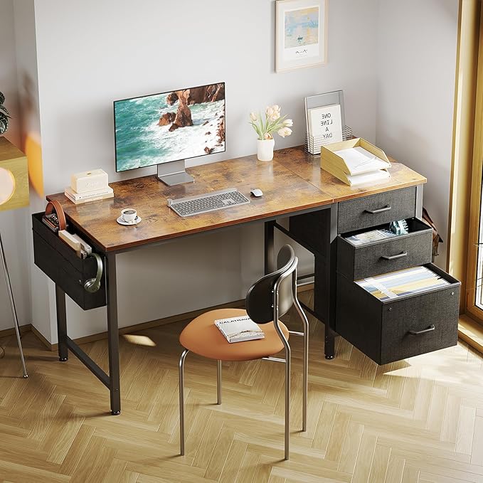 Casaottima 40" Small Computer Home Office Desk for Bedroom with Fabric Drawers & File Cabinet, Cloth Storage Bag and Hook, Writing Study Work Table for Small Space, Vintage