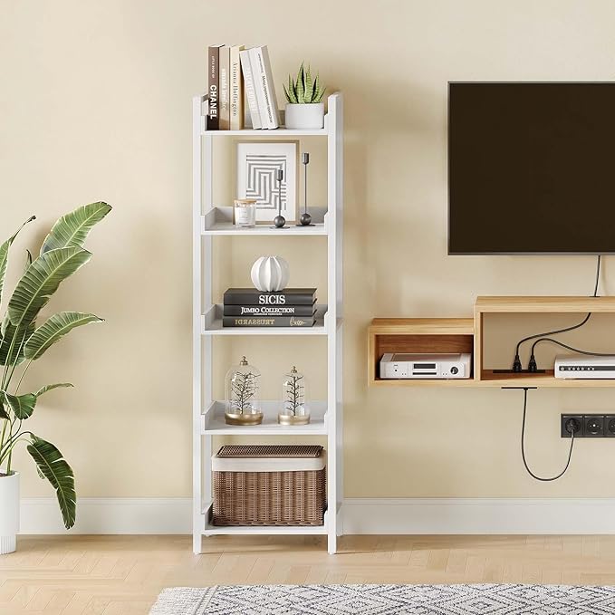 Rolanstar Bookshelf, 5-Tier Storage Rack, Narrow Corner Bookshelf, Display Wooden Shelves for Living Room, Bathroom, Balcony, Kitchen,White