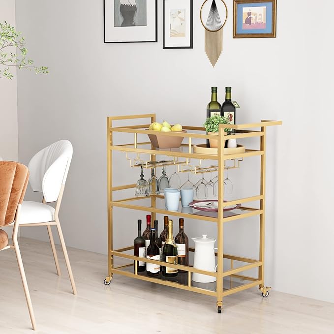 Gold Bar Carts with 3 Tier Glass Shelves, Rolling Serving Bar Cart with Wine Rack and Glass Holder, Home Bar Carts & Wine Carts on Wheels for Kitchen, Indoor & Outdoor