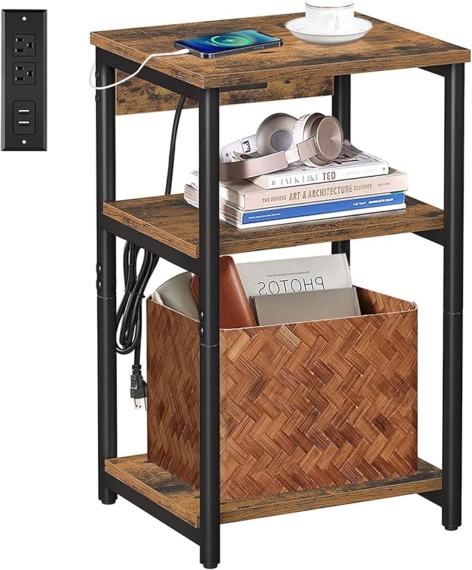 TUTOTAK End Table with Charging Station, Nightstand, 3-Tier Couch Side Table with USB Ports and Outlets, Bedside Table for Small Space, Living Room TB01BB026