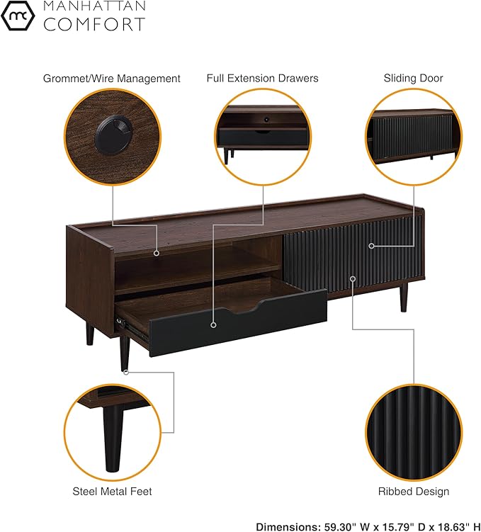 Manhattan Comfort Duane Modern Ribbed 55 Inch TV Stand with 1 Drawer, 2 Shelves, Sliding Door, and Wire Management, Mid-Century Style Entertainment Center and Media Console for Living Room, Black