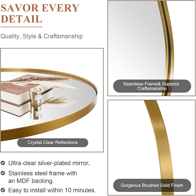 ANDY STAR Gold Oval Mirrors for Bathroom, 24x36 Inch Brushed Gold Stainless Steel Metal Framed Oval Wall Mirror, Modern Vanity Mirror Wall Mount Horizontal or Vertical