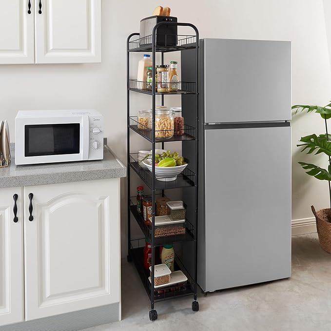6-Tier Slim Storage Cart with Wheels,10in Wide Black Narrow Rolling Shelf,Sturdy Slim Storage Ideal for Kitchen, Bathroom, and Laundry Room