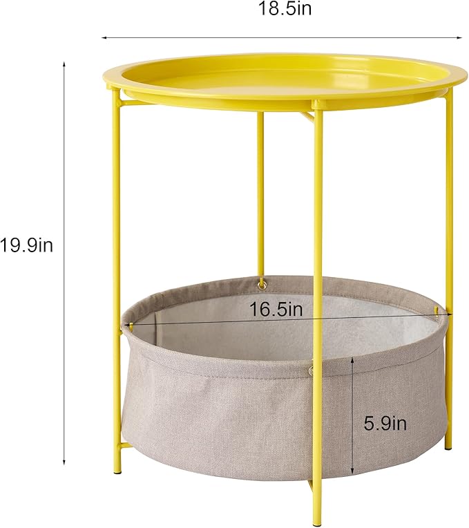 VECELO Round Side/End Table with Fabric Storage Basket，Metal Anti-Rust and Waterproof Small Bedside Nightstand with Removable Tray Top for Living Room，Balcony & Laundry，Yellow /1pcs with Basket