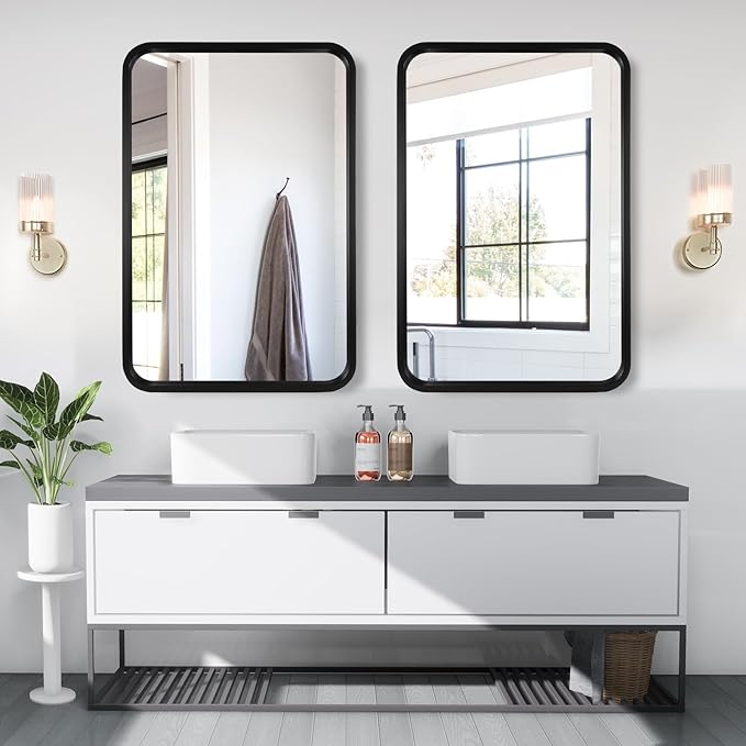 WallBeyond 20x30 Inch Wood Mirror for Bathroom, Wooden Frame Wall Mirror Farmhouse Wall Mounted Rectangle Mirror for Vanity (Horizontal/Vertical Black Color)
