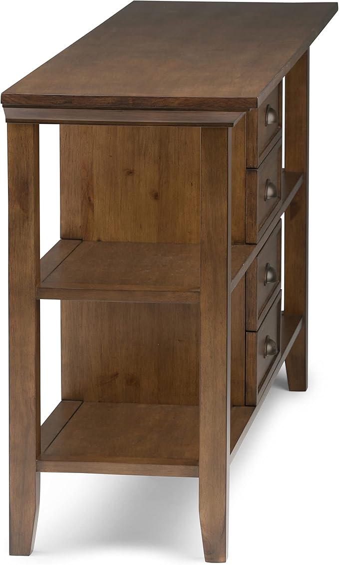 SIMPLIHOME Redmond Console Table - 54 Inch Wide Solid Wood Sofa Table in Rustic Natural Aged Brown, Transitional Storage Table for Entryway or Living Room with 4 Drawers and 4 Open Shelves