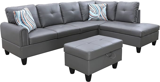NicBex Sectional Couch 3 Pieces Sofa Set with Left Chaise Faux Leather L Shaped Cloud Couch for Living Room Furniture Sets with Storage Ottoman, Modular Sofa for Living Room & Apartment, Gray