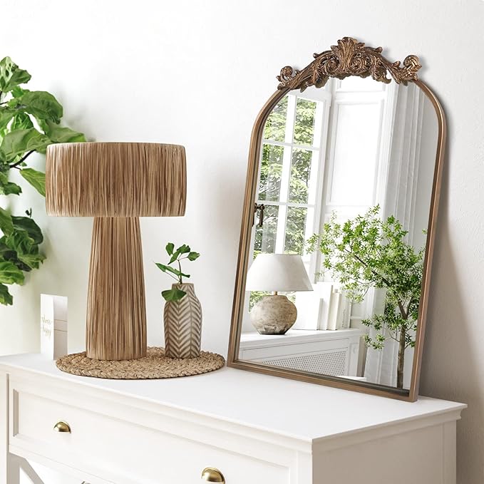 Wall Mirror Window Decorative Traditional Vintage Ornate Baroque Mirrors Antique Arched Farmhouse for Living Room Bedroom Entryway Bathroom Vanity (27 * 19 * 1.2, Gold)