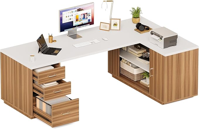 LITTLE TREE 87-Inch Modern Executive Desk with File Cabinet, Large Home Office Desk with Drawers, 3-Drawer Wooden File Cabinet, Spacious Workstation for Home Office (White & Brown)