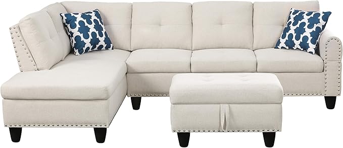 Ball & Cast 98" L Shaped Sectional Couch for Living Room with Storage Ottoman & Nailhead Trim,4 Seat Linen Upholstered Modular Sectional Sofa Set 3 PCS W/Chaise & Cup Holders,for Home,Office,Beige