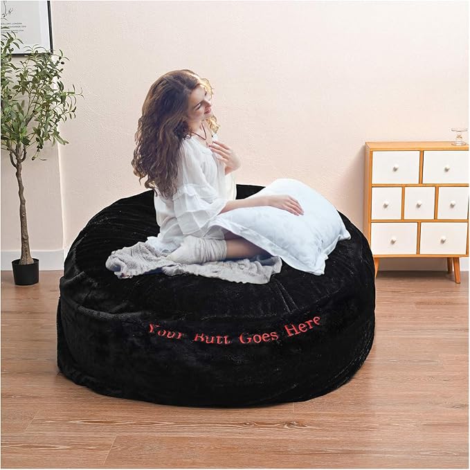 Bean Bag Chair for Adults Kids Without Filling Comfy Fluffy Giant Round Beanbag Lazy Sofa Cover with Words Embroidered for Reading Chair Floor Chair, 5FT, Black