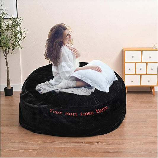 Bean Bag Chair for Adults Kids Without Filling Comfy Fluffy Giant Round Beanbag Lazy Sofa Cover with Words Embroidered for Reading Chair Floor Chair, 5FT, Black