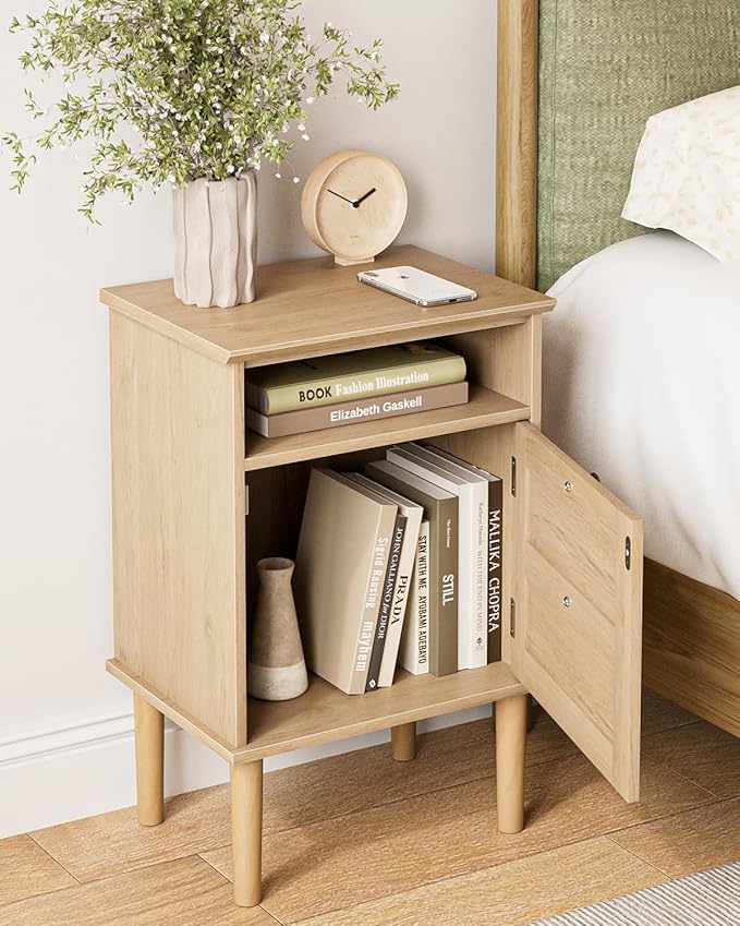 Nightstand, Boho Night Stand with 1 Drawer, Modern Side Accent Table with Open Shelf, Wooden Top Bedside End Table for Bedroom, Living Room, Natural