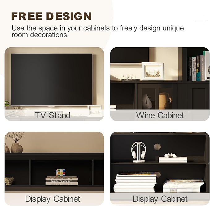 Wall Unit TV Stand with Storage & LED Lights, Large Entertainment Center with Bookshelves for TVs up to 75", Media Console for Living Room, Black