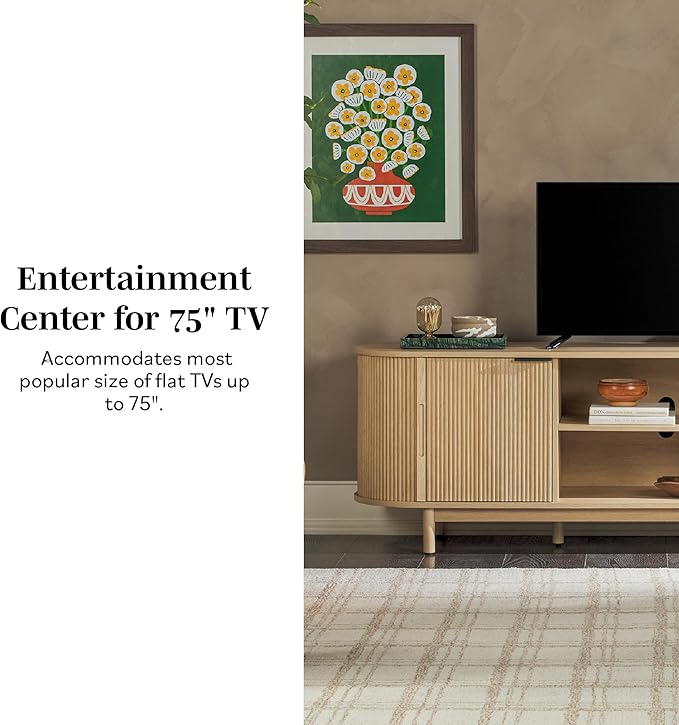 Walker Edison Modern Curved Reeded TV Stand for TVs up to 70 Inches, Credenza with Sliding Doors and Adjustable Shelves, TV Stand with Cord Management Cutout, 70 Inch, Coastal Oak