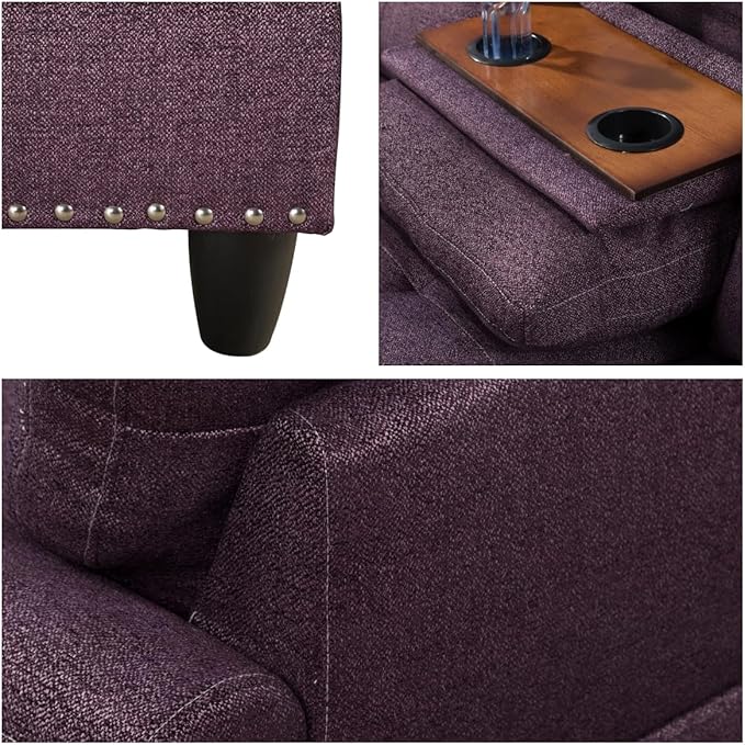 L Shaped Sectional Sofa with Ottoman, Nail-Head Design Linen Right Facing Modern Couches with Cup Holder for Living Room, Bedroom, Office, Purple