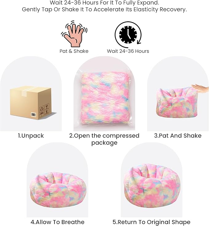 Giant Bean Bag Chair, Faux Fur Adult Chair with Petal Armrest Oversize Colorful Chair for Bedroom, Living Room, Dorm, Game - Rainbow, X-Large, High Support