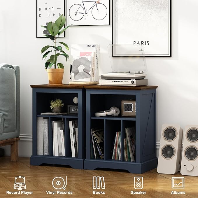 Record Player Stand with Vinyl Record Storage, Large Wood Turntable Stand Cabinet Dispaly Shelf for Living Room,Bedroom,Office,Blue