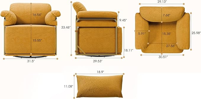 KEIKI Modern Comfy Swivel Accent Reading Chair with Waist Pillows, 360°Square Upholstered Barrel Armchair Single Club Lounge Sofa Chairs for Living Room,Bedroom,Office,Orange