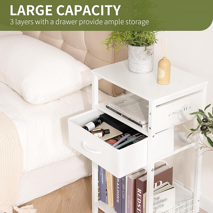 Yoobure Side Table - Night Stand with Charger Station & LED Light, 3 Tier Small End Table Living Room, Bedside Table with Drawer, Record Player Stand with Vinyl Storage, White Nightstand for Bedroom