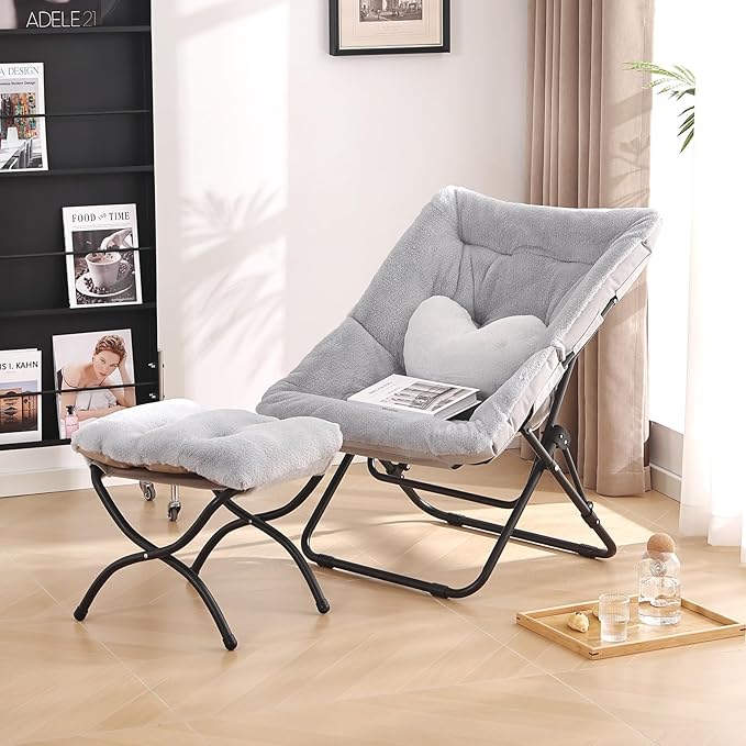 Comfy Saucer Chair with Ottoman, Oversized Folding Faux Fur Chair Soft Furry Lounge Lazy Chair with Metal Frame Moon Chair Accent Chair for Bedroom, Living Room, Dorm Rooms, Grey