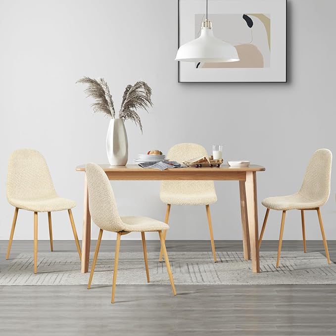 FurnitureR Dining Chairs Set of 4, Upholstered Chenille Fabric Dining Room Seating with Sturdy Metal Legs, Armless Mid-Back Side Chairs for Kitchen, Living Room, Bedroom, Home Office, Beige Cream