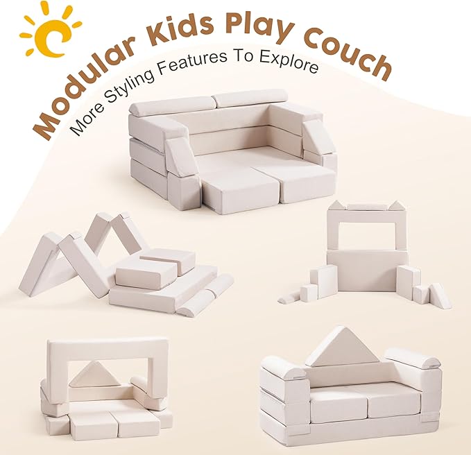 ROBOTIME Modular Play Couch for Kids, Convertible Toddler Sofa with Washable Covers, Versatile Foam Kids Couch for Playroom Forts, Lounging & Creative Play (for Ages 3+)