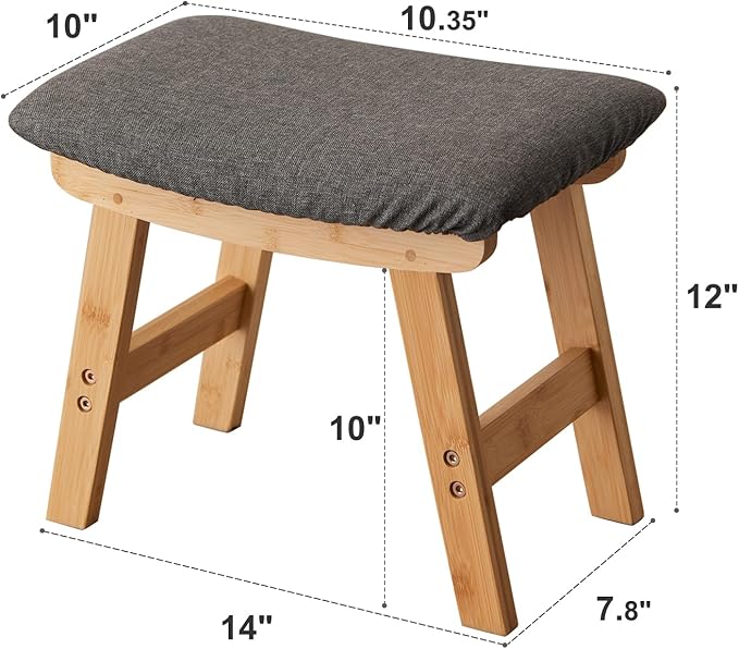 Foot Stool,Ottoman,Bamboo Small Sofa Foot Rest Under Desk,Extra Seating for Living Room, Bedroom and Kitchen (Natural Stool Legs - Gray Surface)