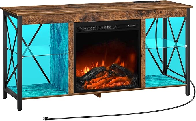 HOOBRO Fireplace TV Stand with Charging Station and LED Lights, TV Stand with Fireplace for TVs up to 55", Entertainment Center with Fireplace, Glass Shelves, Rustic Brown and Black BF120UDDS01