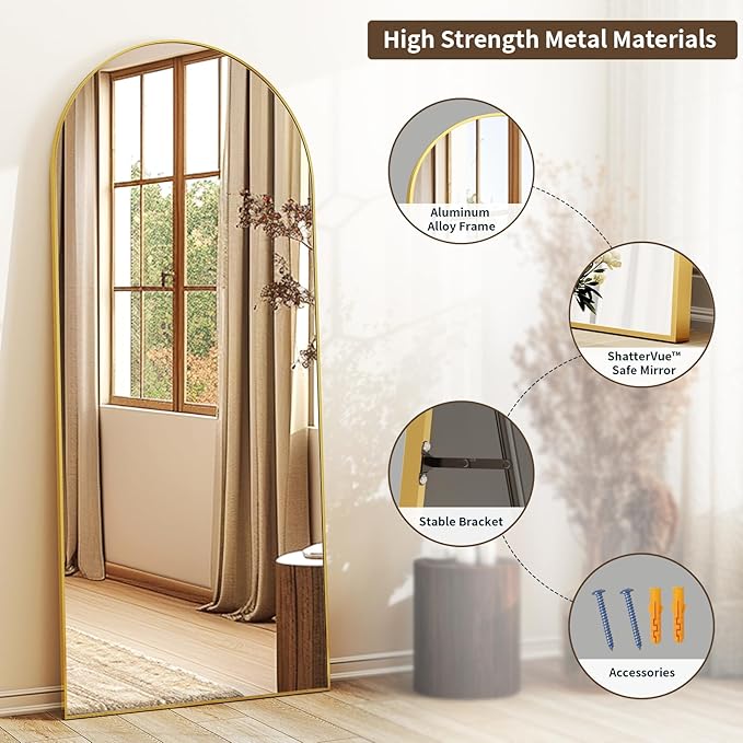 56" x21 Arched Full Length Mirror Floor Mirrors with Aluminum Alloy Frame Free-Standing Wall Mounted Floor Mirrors or Large Dressing Mirror, Gold Mirror Full Length