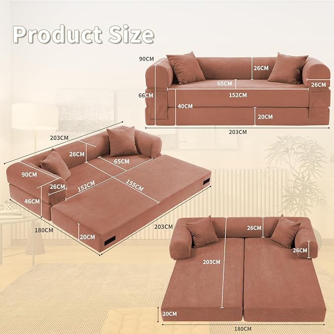 80" Convertible Sofa Bed, Corduroy Deep Seat Folding Pull Out Couch with Pillows, No Assembly Modern Boneless Couch Compression Sofa in Box, Floor Sofa with Storage Pocket for Living Room,Pink