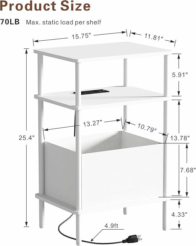 Small Side Table with Charging Station, Set of 2 End Table for Small Spaces, Slim Nightstand with Outlet,Sofa Beside Table, 3-Tier Storage Shelf,Living Room, Bed Room, Natrual White
