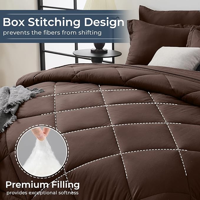 HEVUMYI Brown King Comforter Set - 7-Piece All Season Bed in a Bag King, Ultra Soft Bedding Set with Comforter, Flat Sheet, Fitted Sheet, Pillowcases, Pillow Shams