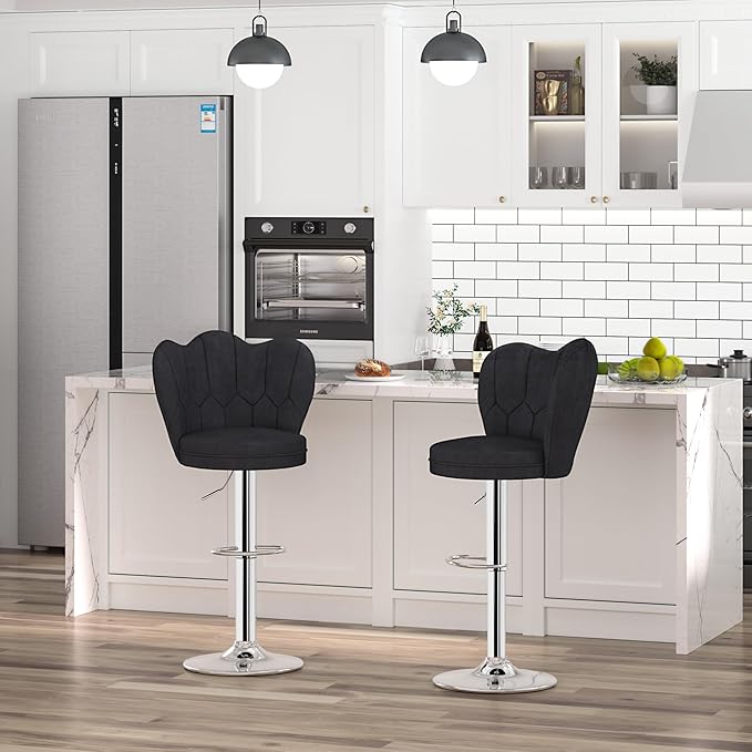 VECELO Bar Stools Set of 2, Adjustable Barstools with Back, Velvet Armless Counter Height Stool Kitchen Island Stool Swivel Bar Chairs for Pub Dining Room Living Room, Black