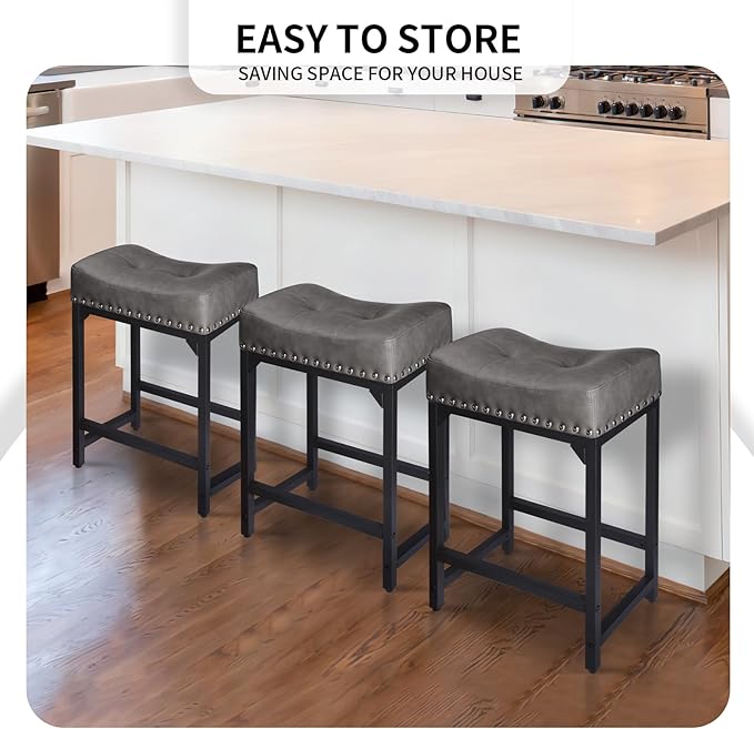 Counter Height Bar Stools Set of 2, Bar Stools for Kitchen Counter, 24 Inch Counter Stools Saddle Barstools with Metal Base for Pub, Bar, Kitchen Dining Room(Grey)