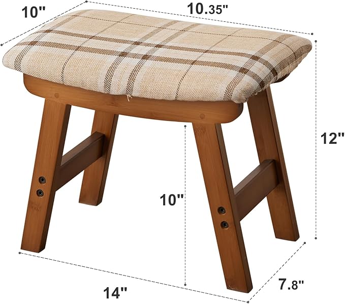 Foot Stool,Ottoman,Bamboo Small Sofa Foot Rest Under Desk,Extra Seating for Living Room, Bedroom and Kitchen (Brown Stool Legs - Stripes Surface)