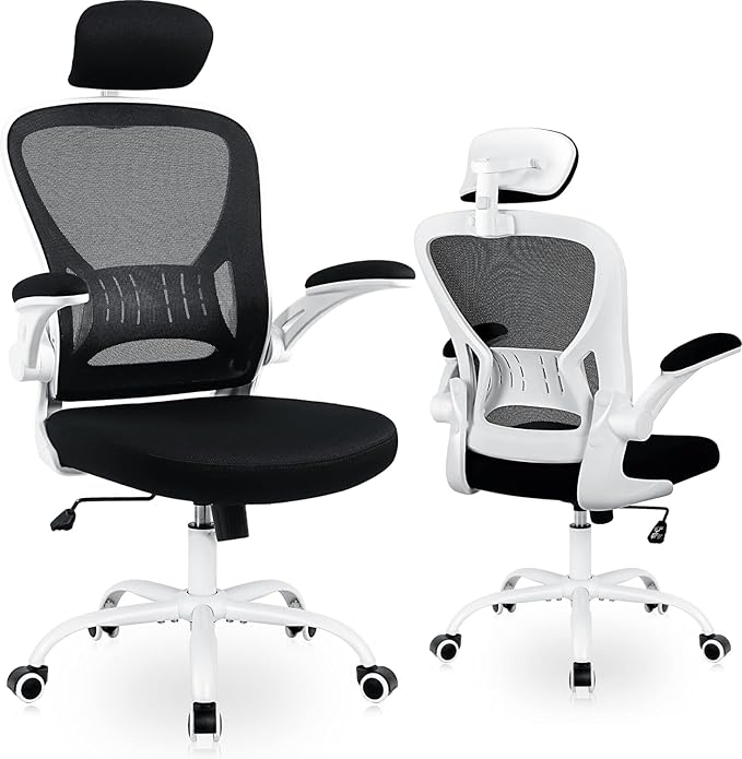 Office Chair Ergonomic Desk Chair Comfort Adjustable Height with Wheels，Lumbar Support Mesh Swivel Computer Home Office Study Task Chair Black & White
