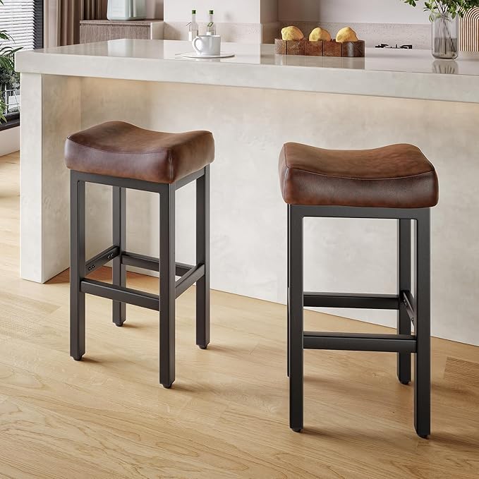 29 Inch Bar Height Bar Stools Set of 2, 29" Barstools for Kitchen Island Counter, Backless Bonded Leather Bar Height Stools with Thick Saddle Seats & Heavy Duty Metal Base, Easy Assembly, Brown/Black