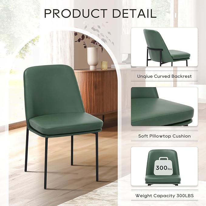 COLAMY Modern Dining Chairs Set of 2, Faux Leather Upholstered Dining Room Chairs Kitchen Chairs Dinner Chair with Curved Back and Metal Legs, Green
