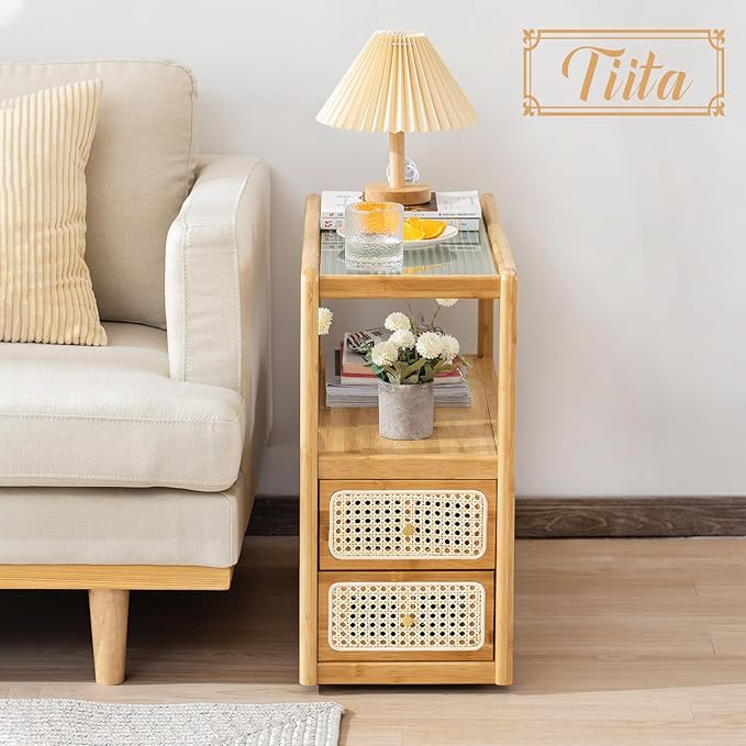 Tiita Rattan Nightstand Side Table, Bamboo Accent Bedside Tables, Glass Coffee Tables, Boho Wooden End Table with Storage for Small Space, Living Room and Bedroom