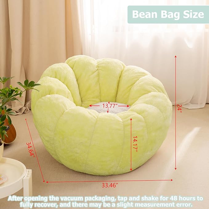 Pumpkin Bean Bag Sofa Chair, Bean Bag Chair with Filler for Teens, Kids, Toddler, Comfy and Lazy Sofa for Dorm, Apartment, Living Room and Bedroom, Grass Green