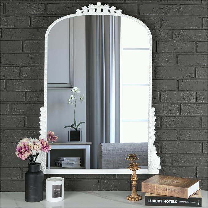 SHYFOY Antique Wall Mirror - White Baroque Arch Mirror for Wall Decor, 31.5" x 23.6" Decorative Mirror, Traditional Elegance for Living Room, Entryway, Mantel