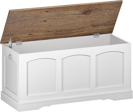 39.4" Storage Chest Bench with Lift Lid, Toy Chest with Safety Hinge, Entryway Shoe Bench, Wooden Storage Trunk, Holds up to 220 lb, for Living Room, Bedroom, Hall, White and Walnut MCW12WL