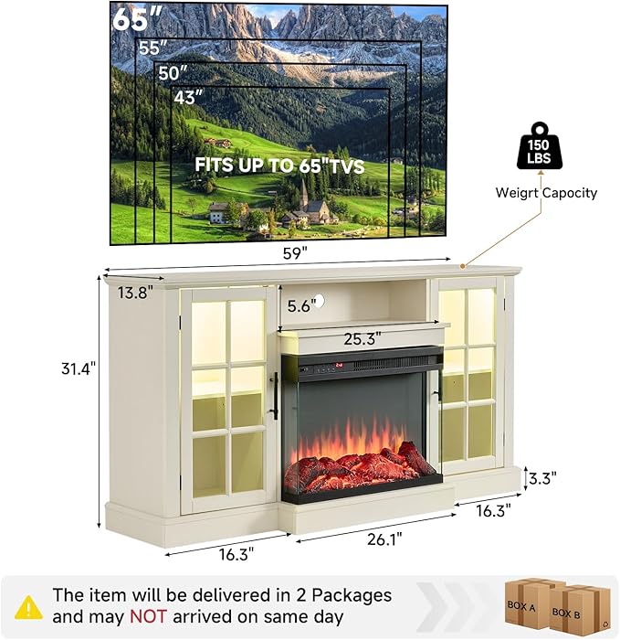 ROCKPOINT 3 Sided Glass 59'' Fireplace TV Stand for TVs up to 65'', Media Entertainment Center with Glass Door Storage Cabinet for Living Room,24” Electric Fireplace & Adjustable LED Light,White