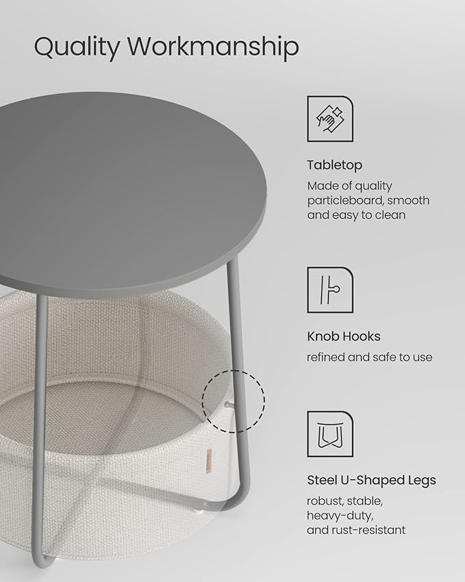 VASAGLE Small Round Side End Table, Modern Nightstand with Fabric Basket, Cement Gray and Cream White ULET223G49